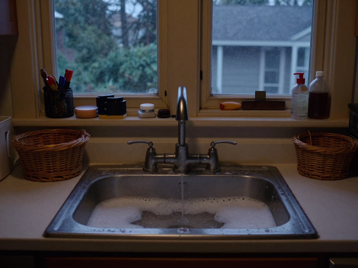 Portland Oregon Kitchen Dawn Scene with Wash Basin and Wicker Hamper in in Portland, Oregon, United States