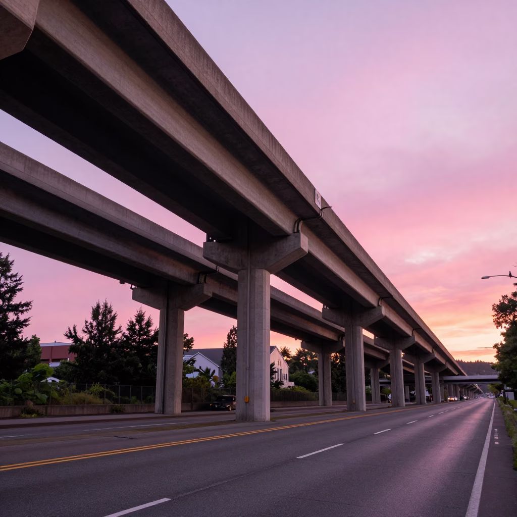 Portland Oregon Late Afternoon Highway Flyover Stack Against Pink Evening Sky in in Portland, Oregon, United States