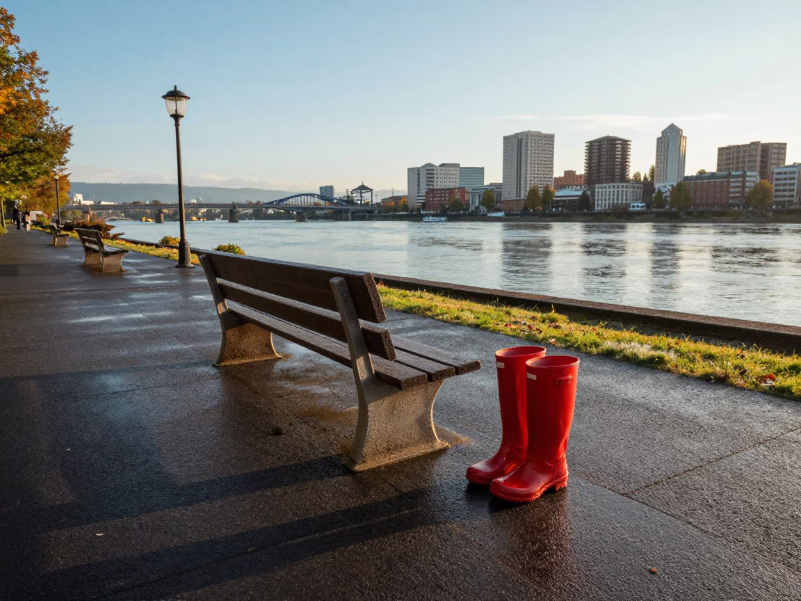 Portland Oregon Late Afternoon Light Rain Boots Near Willamette River Waterfront in in Portland, Oregon, United States