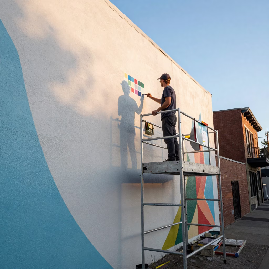 Portland Oregon Late Afternoon Muralist Painting Sample Swatches on Scaffold Platform in in Portland, Oregon, United States