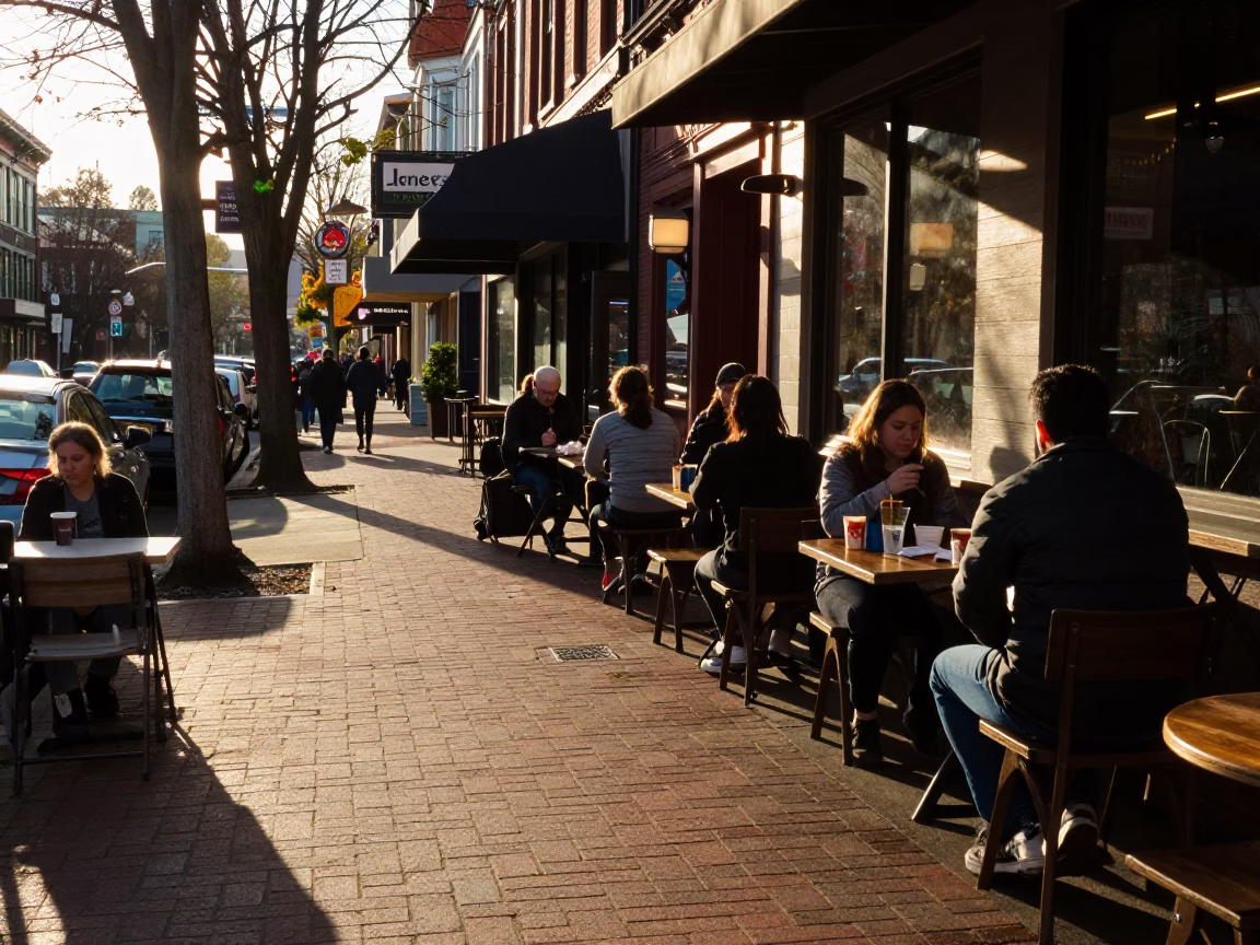 Portland Oregon Late Afternoon Street Scene with Local Dining Elements and Urban Atmosphere in in Portland, Oregon, United States