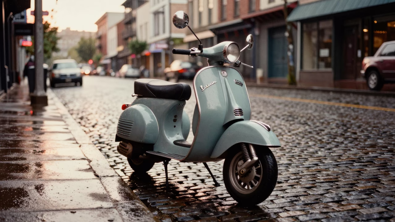 Portland Oregon Late Afternoon Street Scene with Vintage Vespa on Cobblestone Lane in in Portland, Oregon, United States