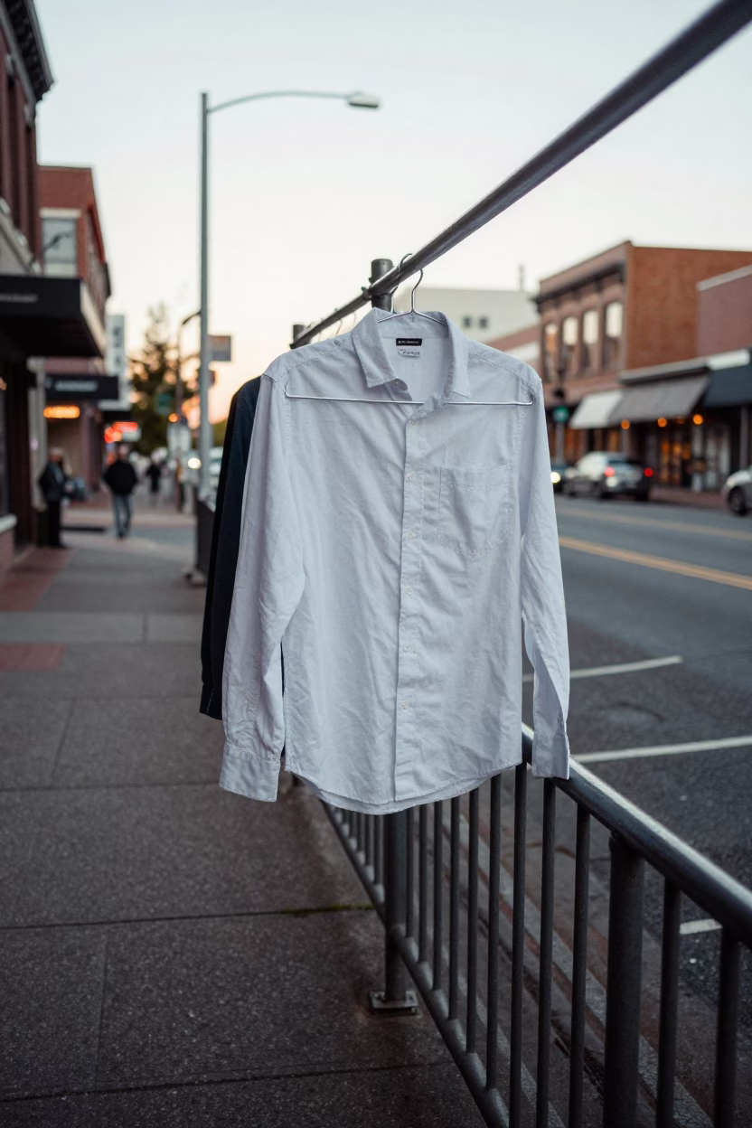 Portland Oregon Late Morning Street Scene With Shirt Hanger And Urban Architecture in in Portland, Oregon, United States