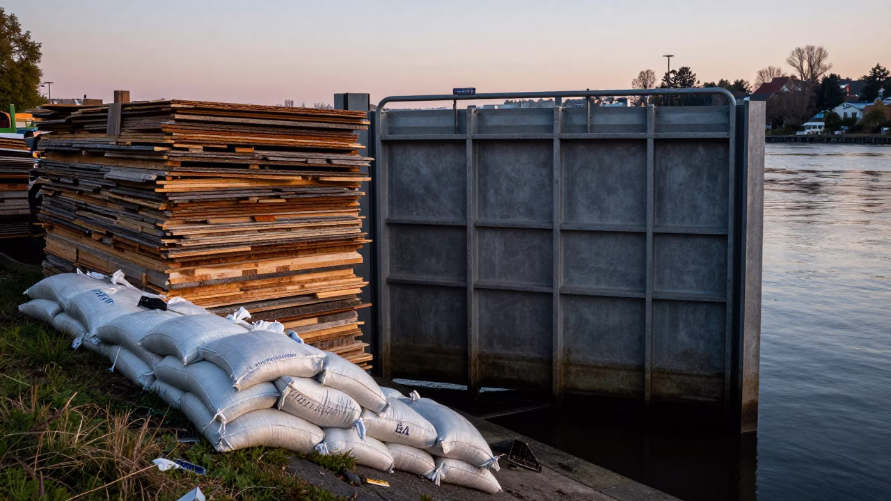 Portland Oregon Levee Floodgate Beside Plywood Stacks and Sandbags Before Sunrise in in Portland, Oregon, United States