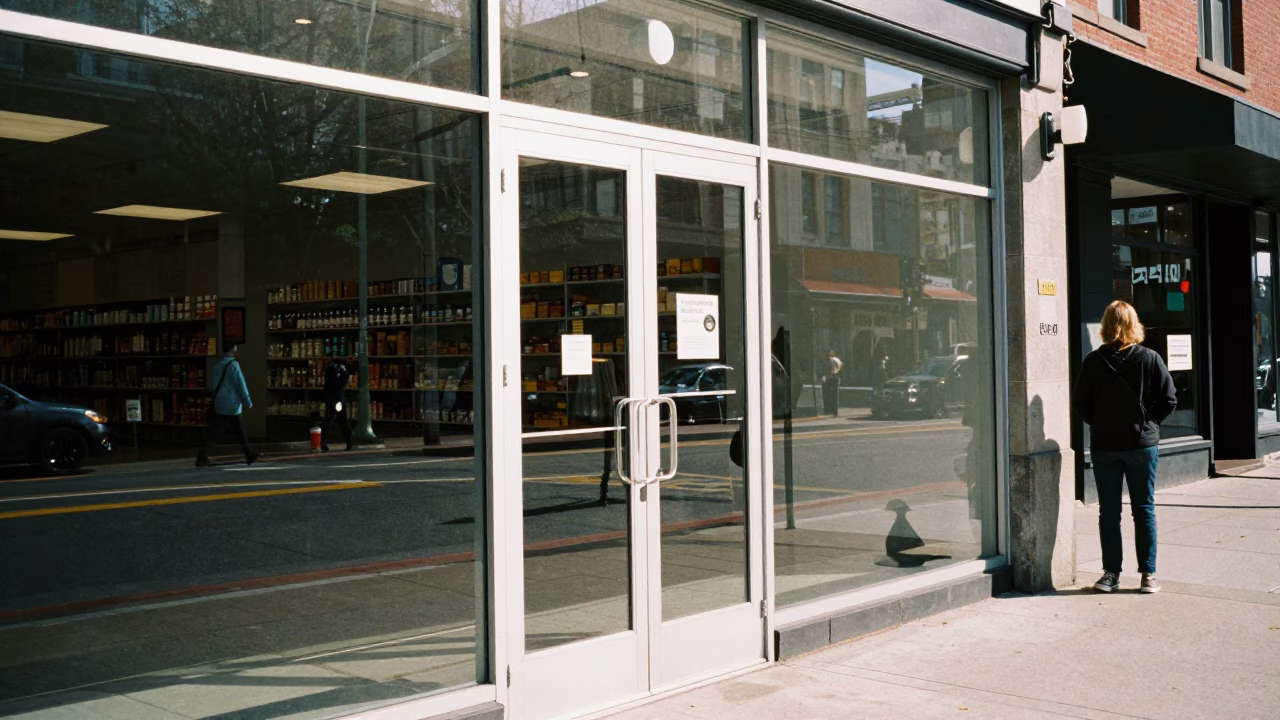 Portland Oregon Midday Street Scene with Clear Glass Doorframe and Leather Basketball in in Portland, Oregon, United States