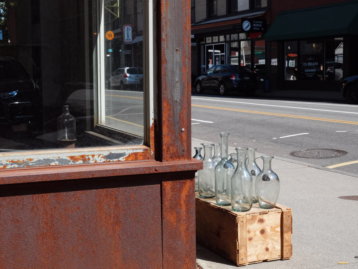 Portland Oregon Midday Street Scene with Rusty Sill and Glass Vases in in Portland, Oregon, United States