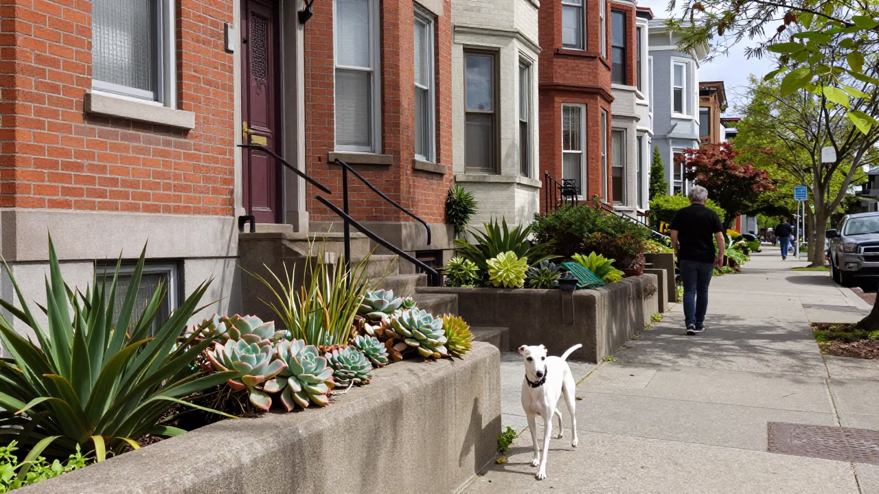 Portland Oregon Midday Street Scene with Whippet Dog and Succulents in in Portland, Oregon, United States