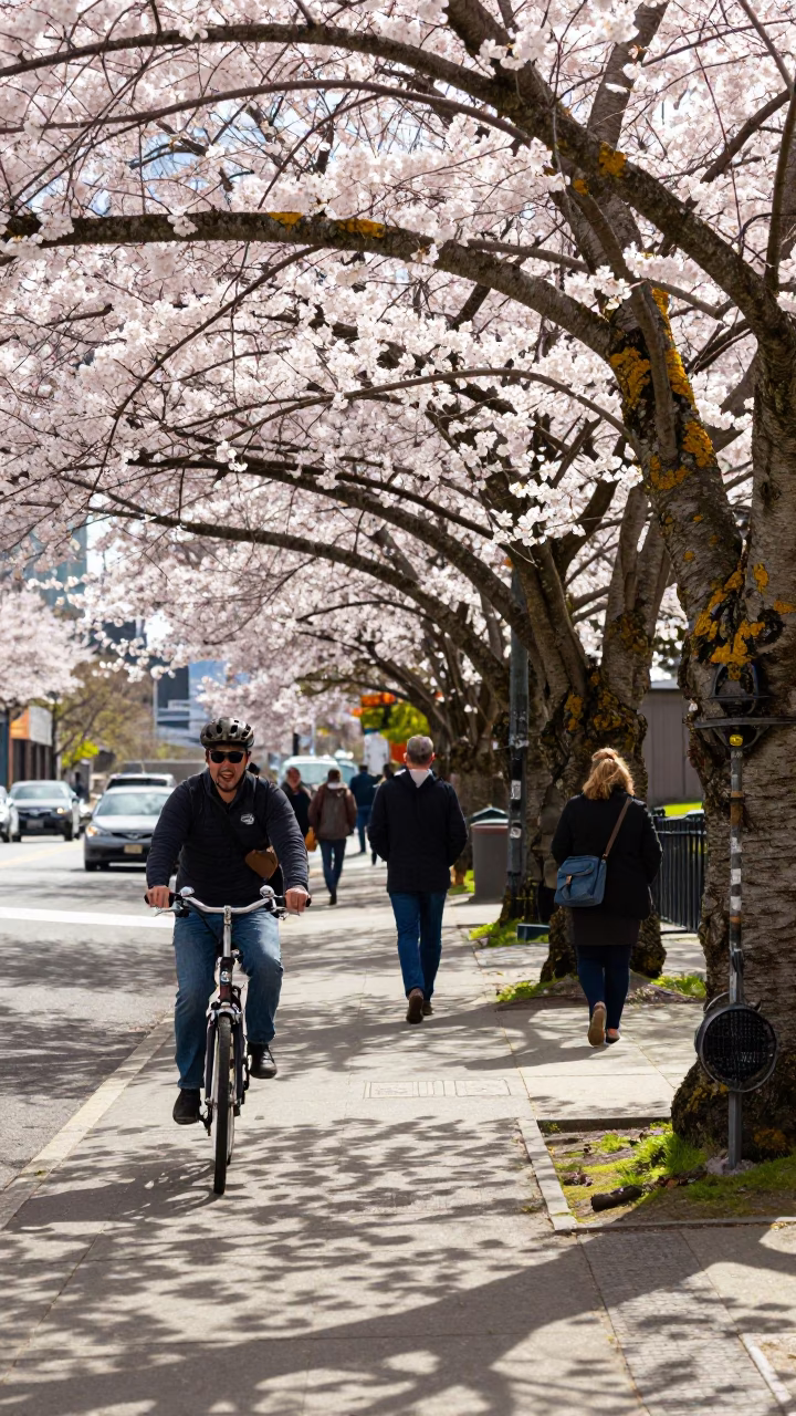 Portland Oregon Midmorning Street Scene with Cherry Blossoms and Lichen in in Portland, Oregon, United States