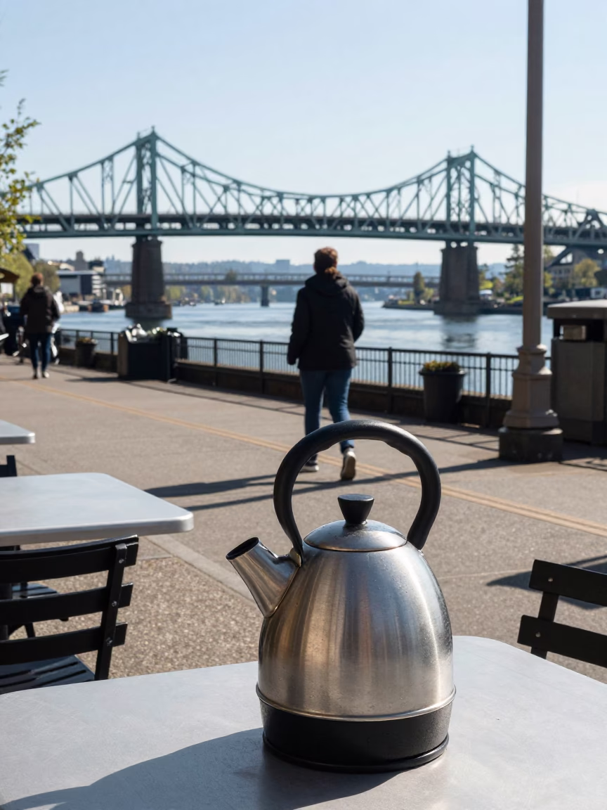 Portland Oregon Midmorning Street Scene with Electric Kettle and Commuter Train Bridge in in Portland, Oregon, United States