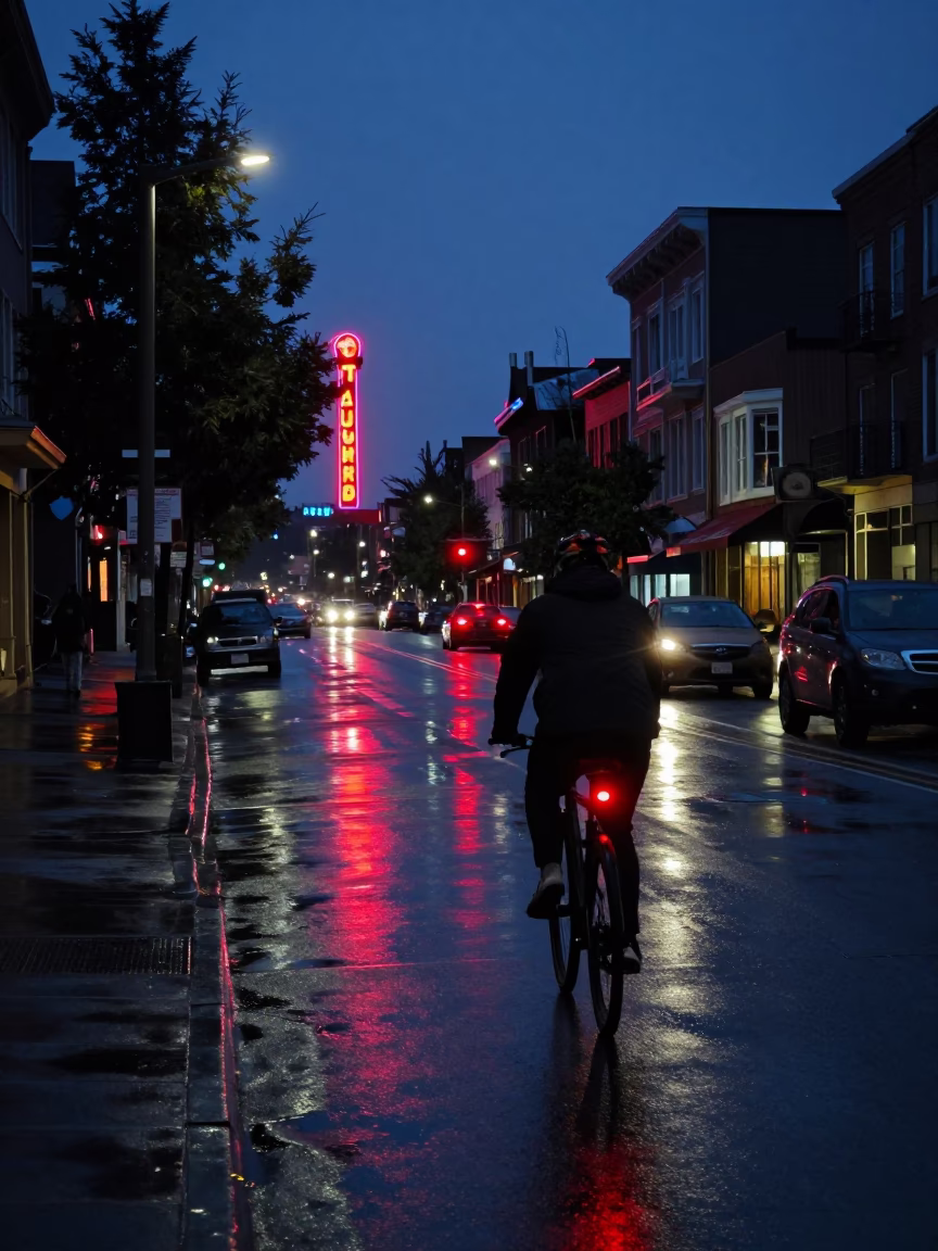 Portland Oregon Midnight Street Scene with Wet Asphalt and Neon Reflections in in Portland, Oregon, United States