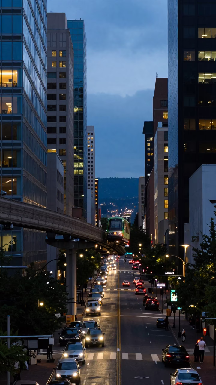 Portland Oregon Monorail at Blue Hour Above Downtown Streets with City Lights in in Portland, Oregon, United States