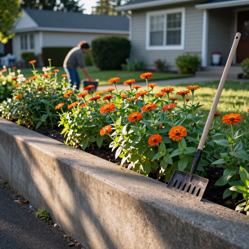 Portland Oregon Morning Garden with Orange Zinnias and Rake Near Historic Bridge in in Portland, Oregon, United States