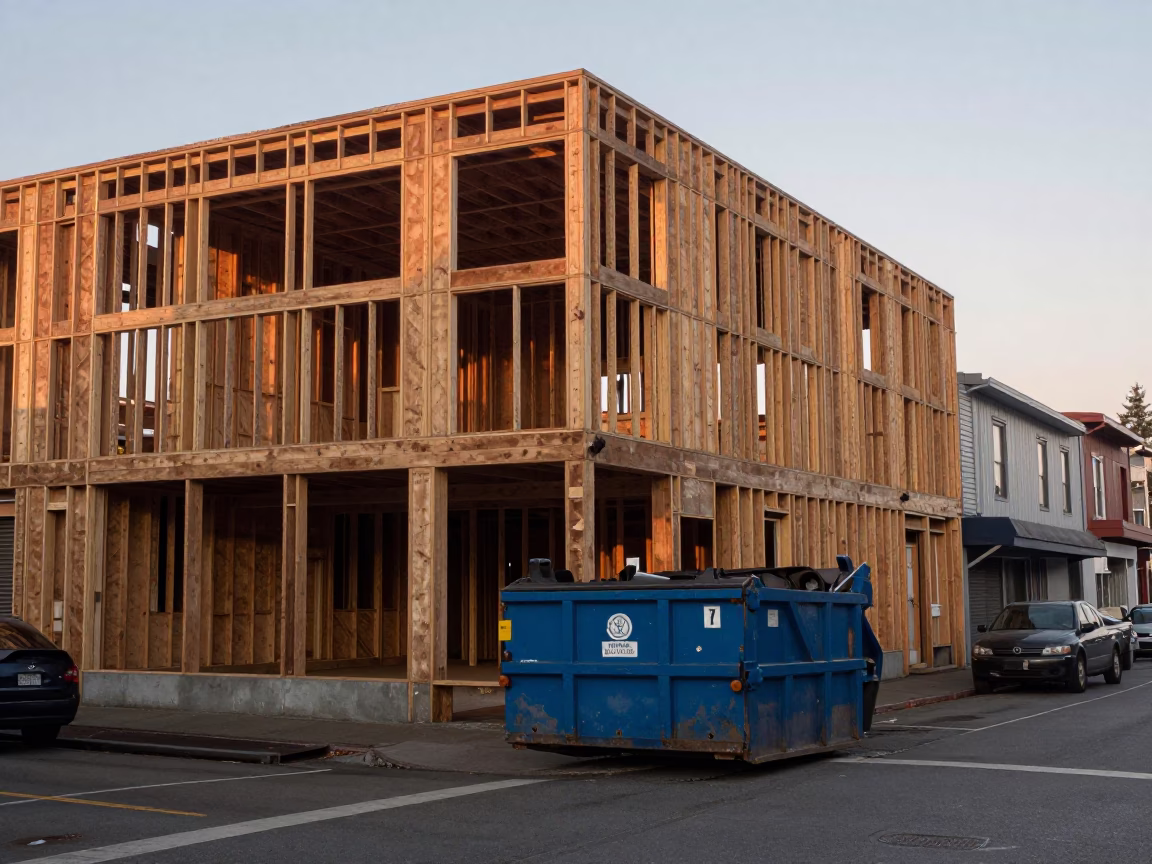Portland Oregon Nautical Dawn Street Scene with Demolition Dumpster and Pigeons in in Portland, Oregon, United States
