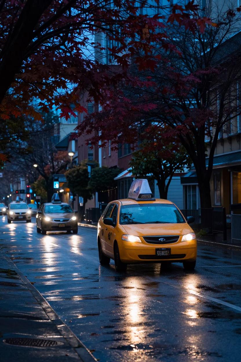 Portland Oregon Nautical Dawn Street Scene with Japanese Maple and Yellow Taxi in in Portland, Oregon, United States