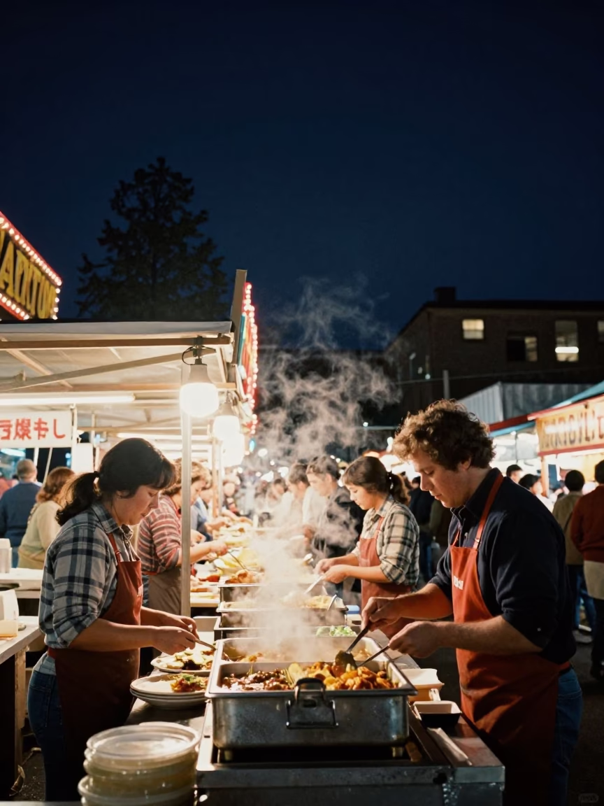Portland Oregon Night Market Food Court Under Deep Night Sky 1970s Realistic Photograph in in Portland, Oregon, United States