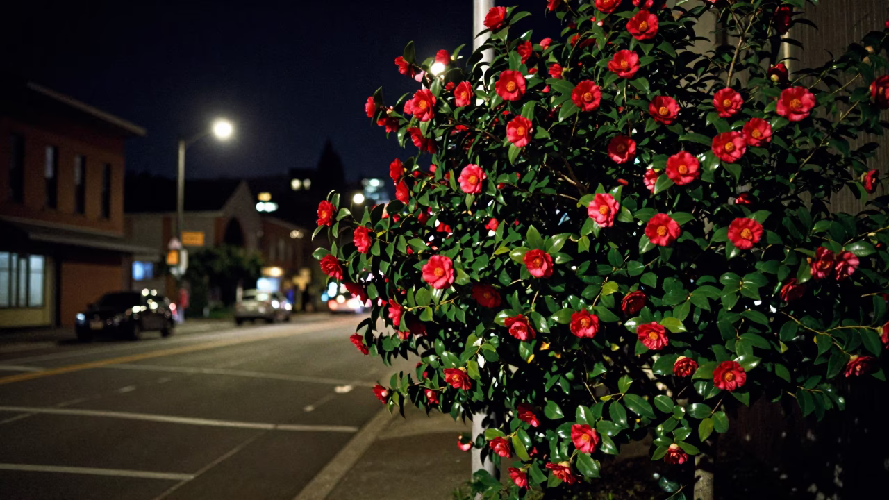 Portland Oregon Night Scene with Camellia Bush and City Lights Under Deep Sky in in Portland, Oregon, United States