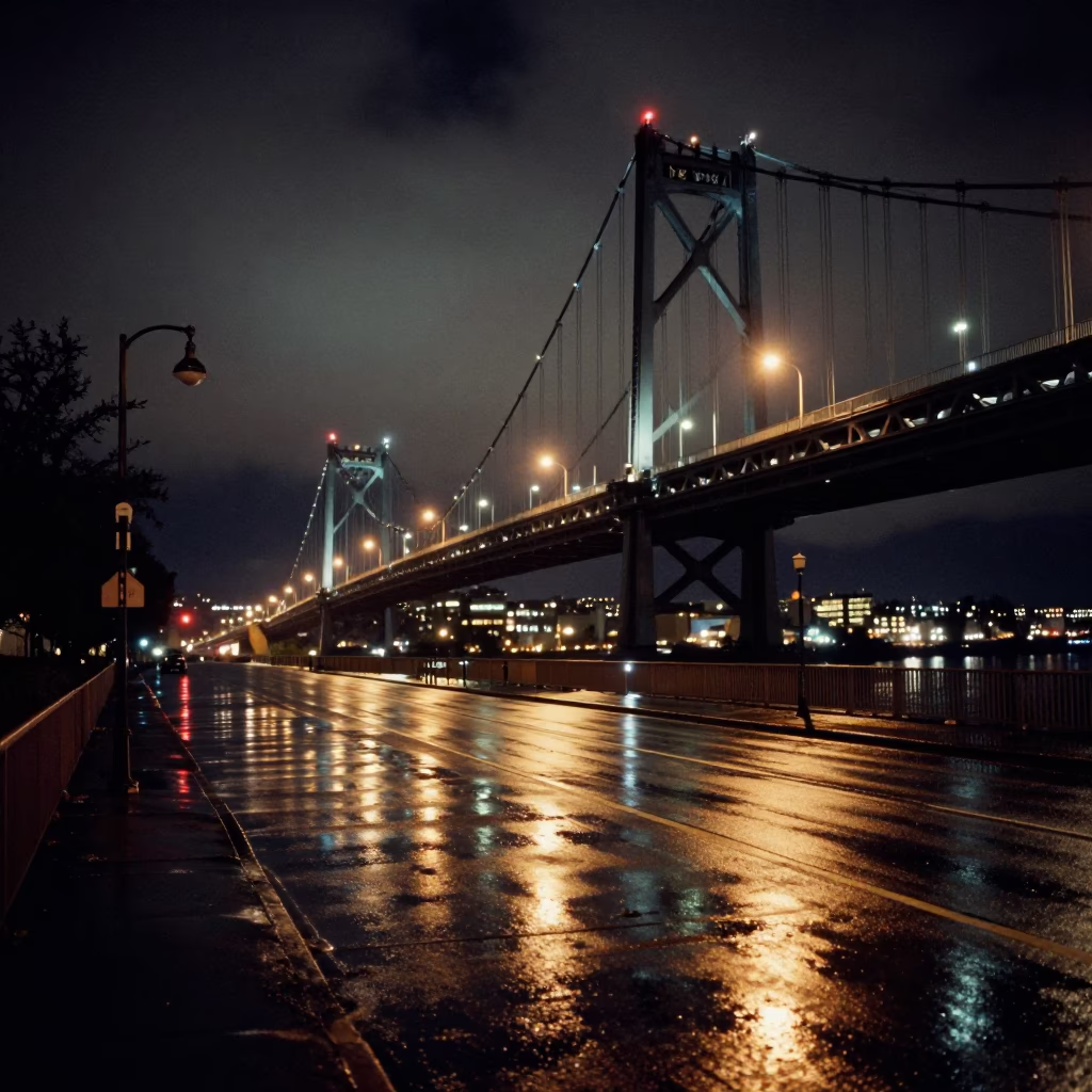 Portland Oregon Night Scene with Suspension Bridge Reflection and Urban Steel Details in in Portland, Oregon, United States