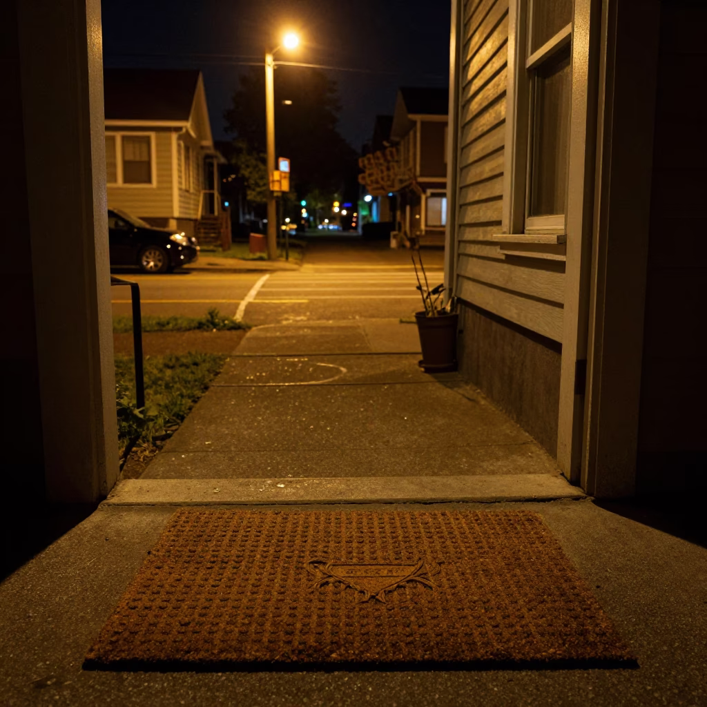 Portland Oregon Night Scene with Vintage Doormat and City Street Lights in in Portland, Oregon, United States