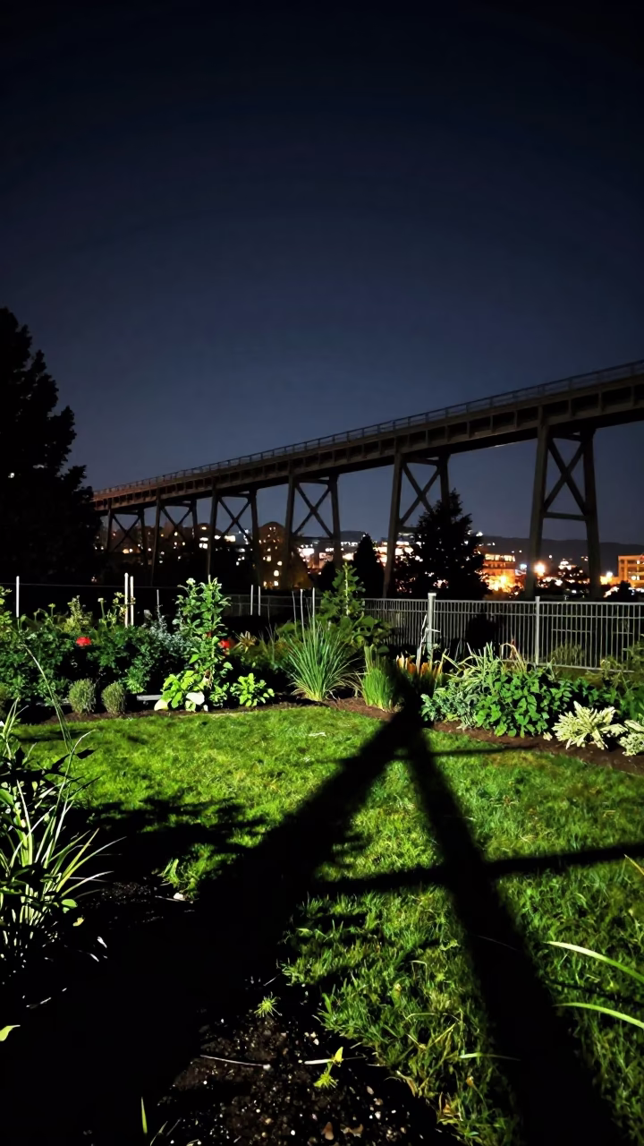 Portland Oregon Night Sky Viaduct Shadow and Urban Allotment Gardens Realistic Photograph in in Portland, Oregon, United States
