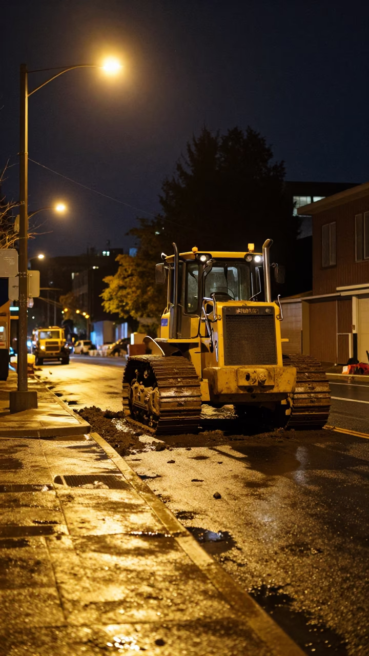 Portland Oregon Night Street Scene with Bulldozer and Construction Site Under Deep Night Sky in in Portland, Oregon, United States