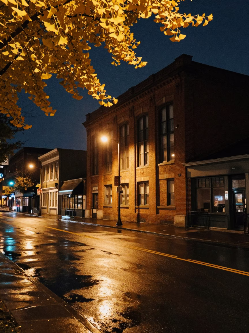 Portland Oregon Night Street Scene with Ginkgo Leaves and Urban Elements in in Portland, Oregon, United States