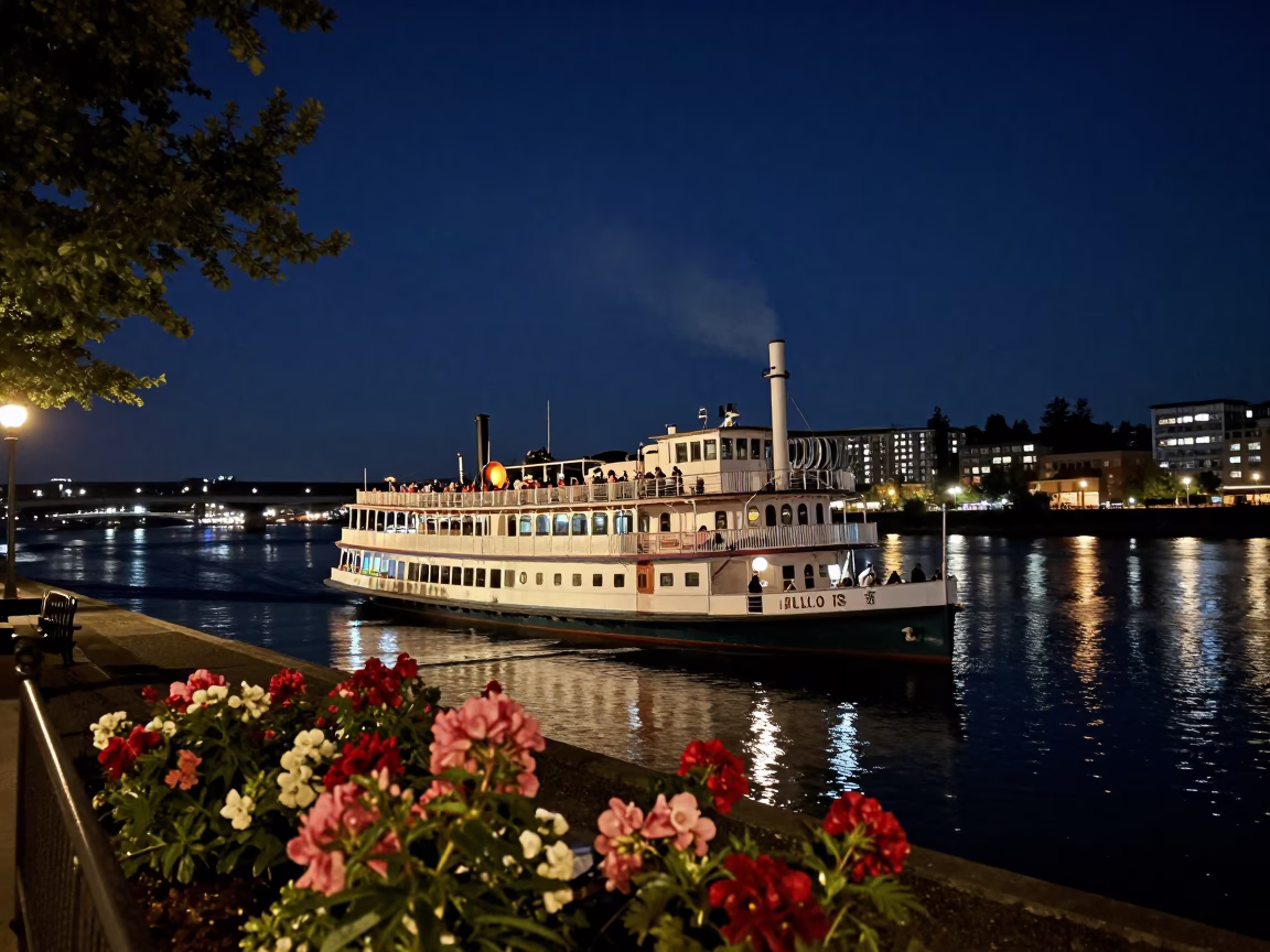 Portland Oregon Night Street Scene with Steamboat Calliope and Flowering Plants in in Portland, Oregon, United States