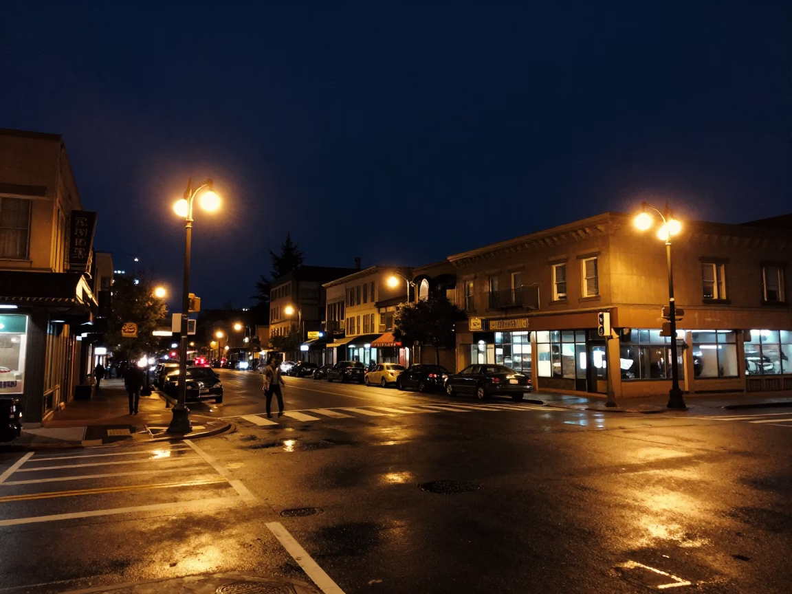 Portland Oregon Night Street Scene with Vintage 1970s Aesthetic and Colorful Urban Details in in Portland, Oregon, United States