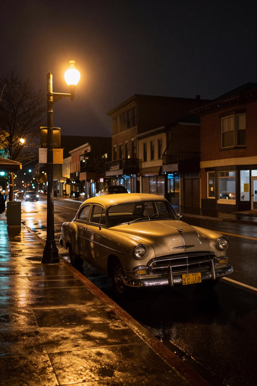 Portland Oregon Night Street Scene with Vintage Car and Streetlamp Glow in in Portland, Oregon, United States