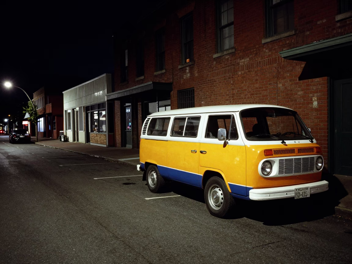 Portland Oregon Night Street Scene with Vintage Van and Local Street Art Details in in Portland, Oregon, United States