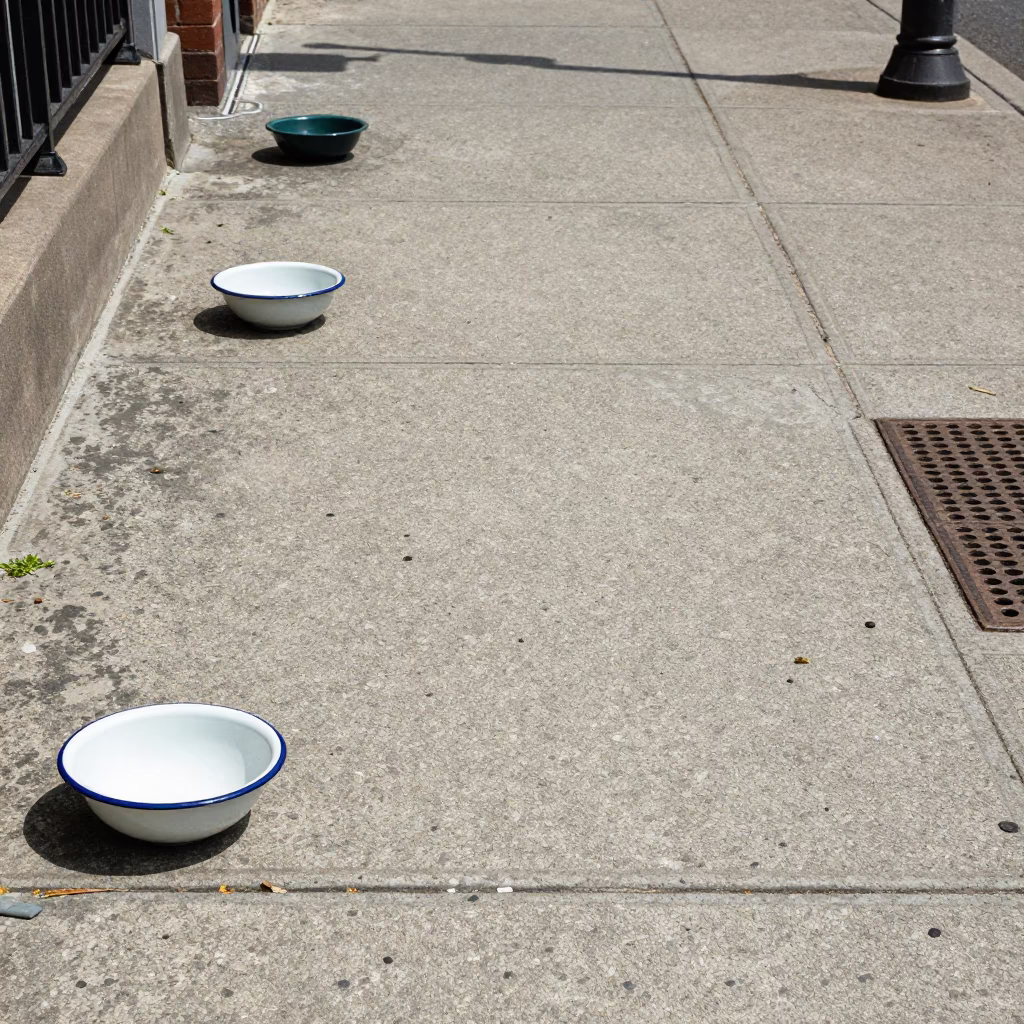 Portland Oregon Noon Light Concrete Sidewalk Scene with Enamel Bowls and Glass in in Portland, Oregon, United States