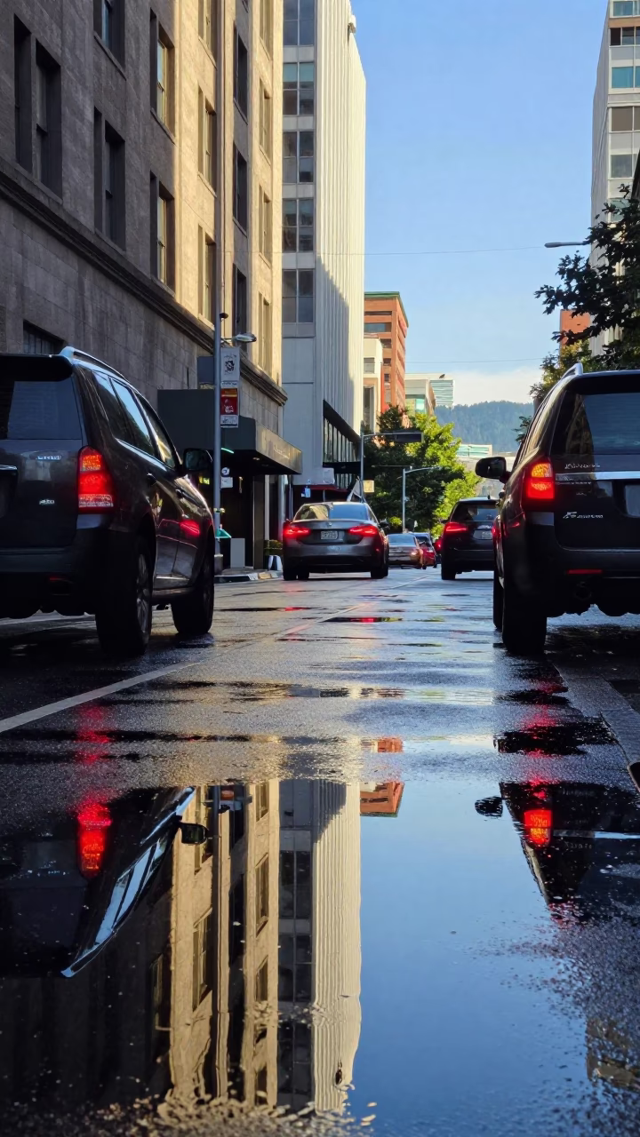 Portland Oregon Noon Light Puddle Reflection Hotel Windows Tail Lights Street Scene in in Portland, Oregon, United States
