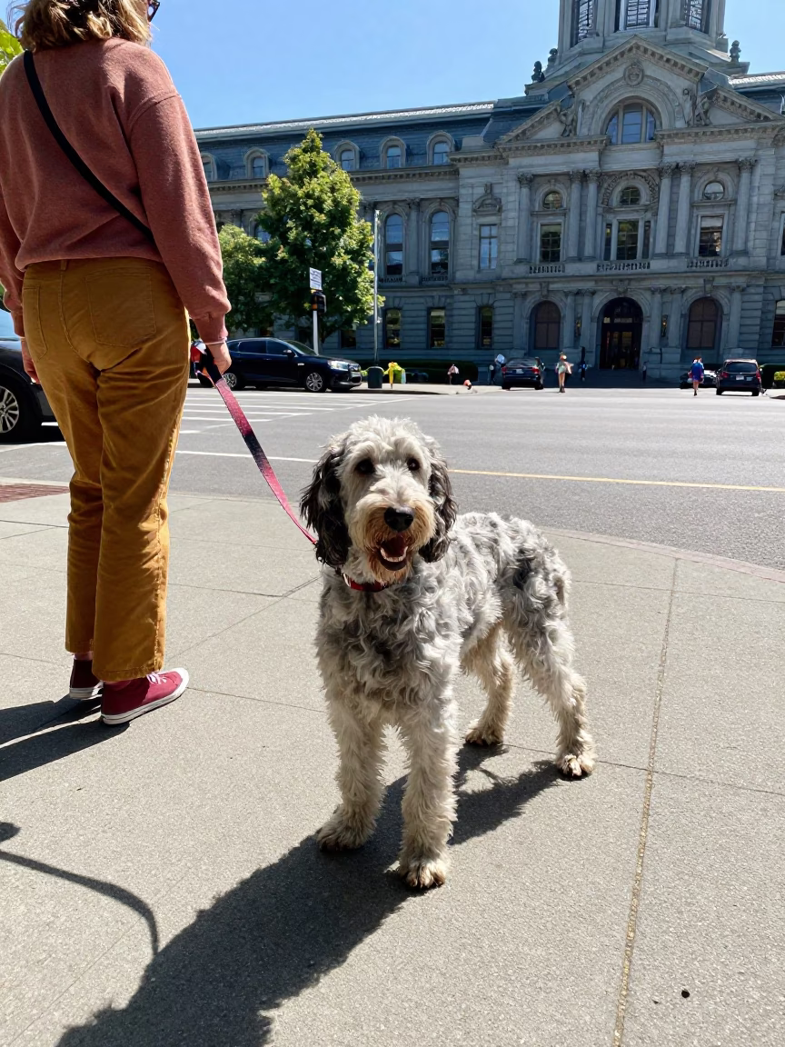 Portland Oregon Noon Street Scene with English Setter and Raspberry Vendor in in Portland, Oregon, United States