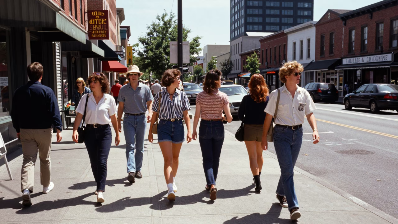 Portland Oregon Noon Street Scene with Vintage 1980s Aesthetic and Urban Details in in Portland, Oregon, United States