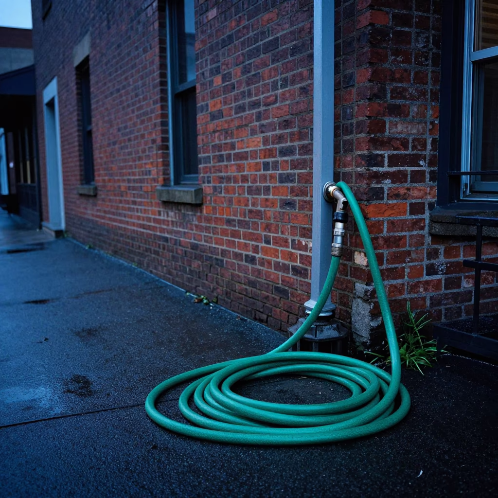 Portland Oregon Pre Dawn Street Scene With Garden Hose And Smudges On Sill Edge in in Portland, Oregon, United States