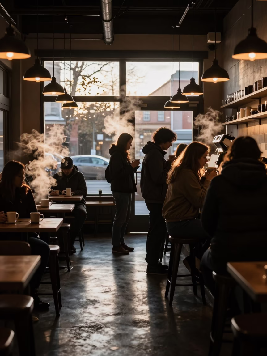 Portland Oregon Predawn Coffee Shop Interior with Steam and Morning Light in in Portland, Oregon, United States