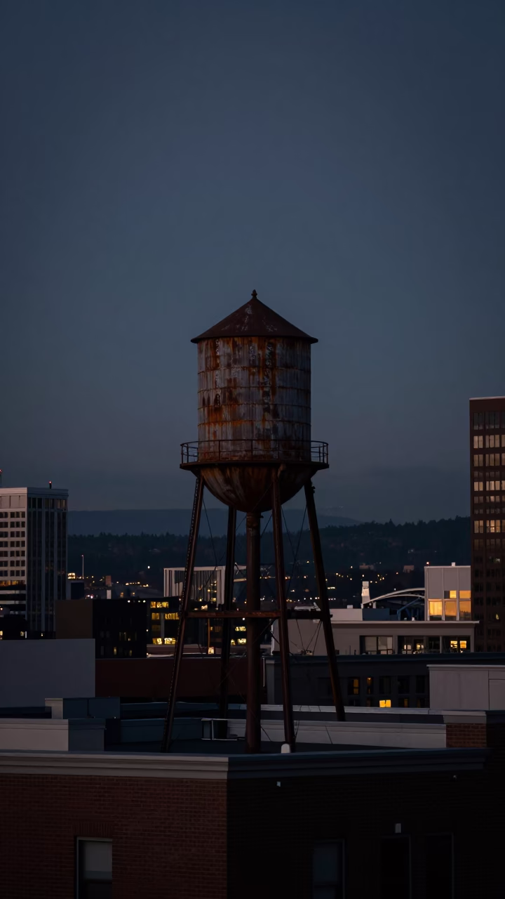 Portland Oregon Predawn Rooftop Water Tower View Under Dark Sky in in Portland, Oregon, United States