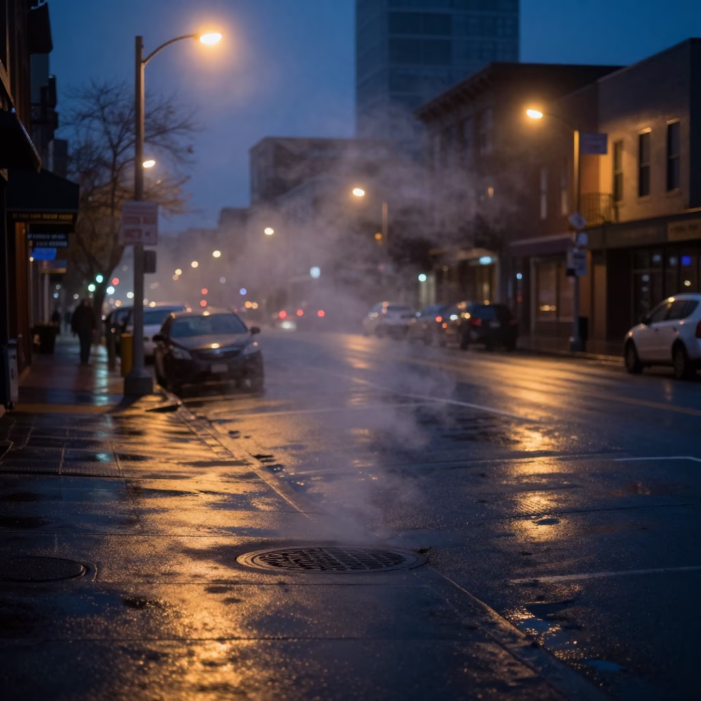 Portland Oregon Predawn Street Scene with Steam Haze and Urban Architecture in in Portland, Oregon, United States