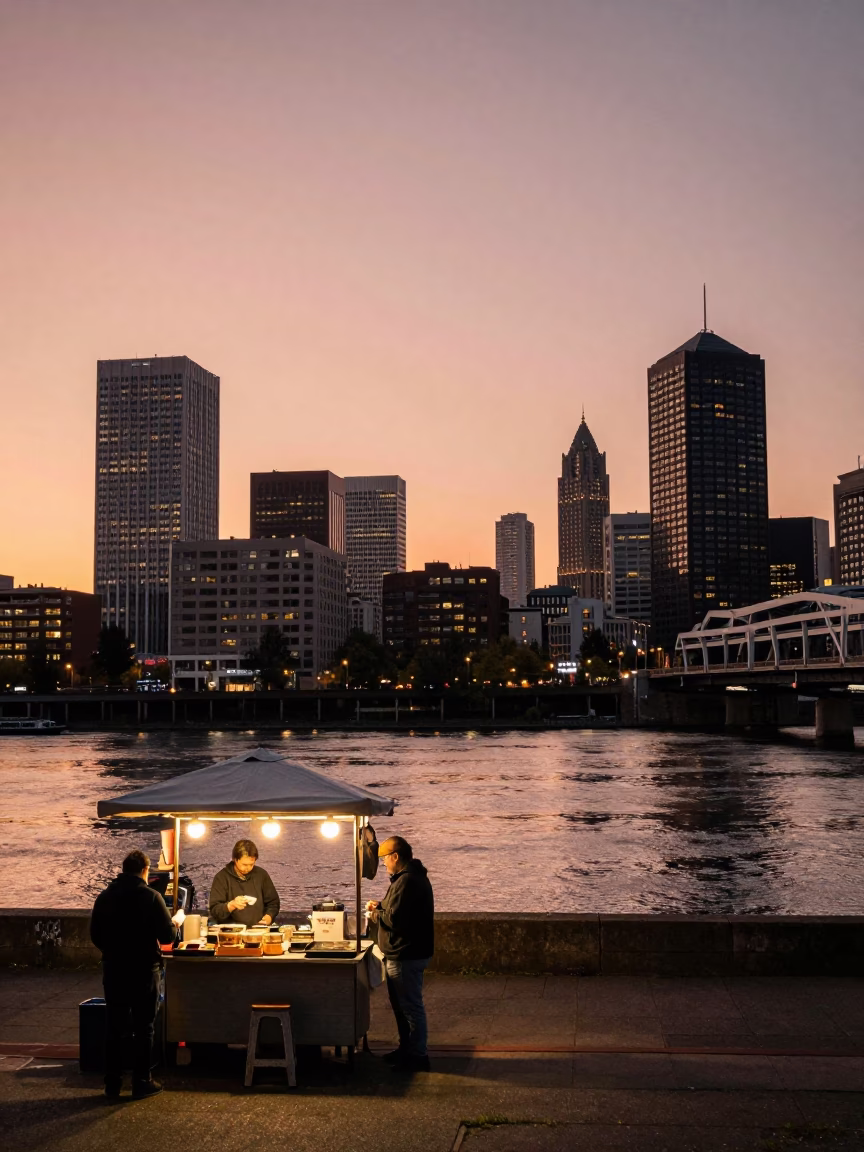 Portland Oregon Skyline at Dusk with Street Food Vendor and Cyclists in in Portland, Oregon, United States