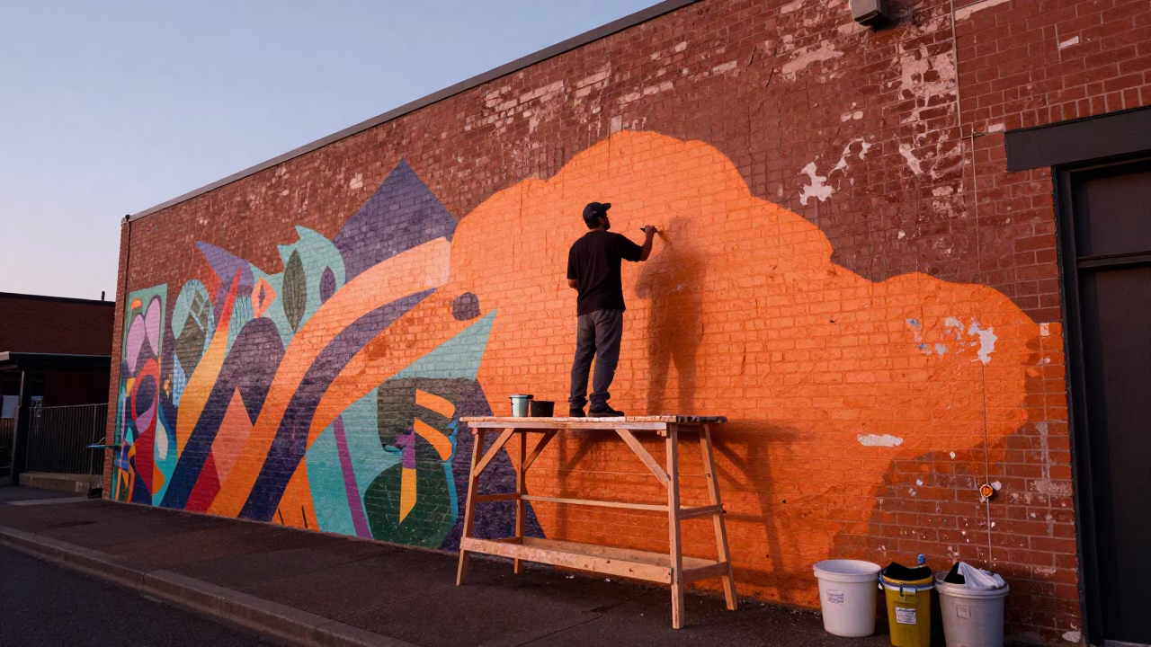 Portland Oregon Street Mural Artist Painting Colorful Wall Before Dusk in in Portland, Oregon, United States