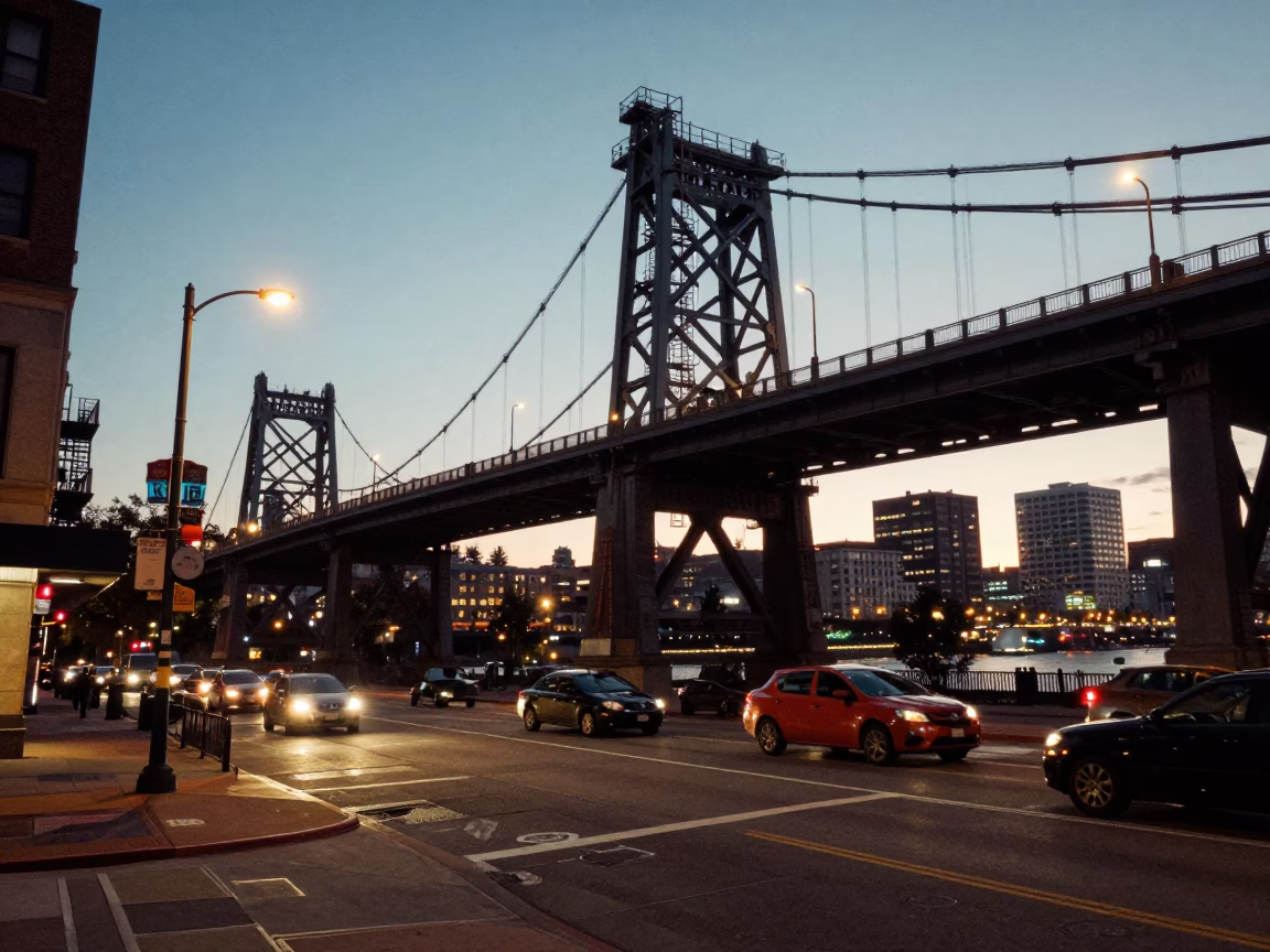 Portland Oregon Street Scene at Dusk with Bridge Pier and Chinatown Lanterns in in Portland, Oregon, United States