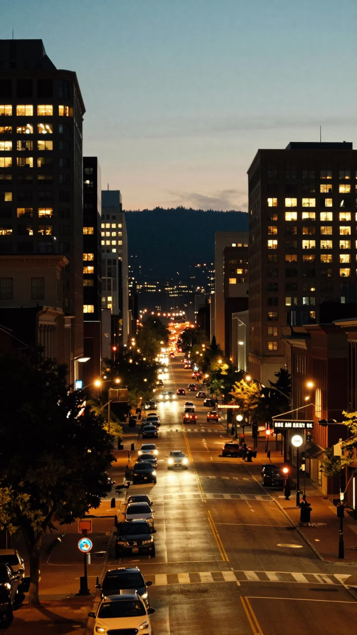 Portland Oregon Street Scene at Dusk with City Lights and Urban Details in in Portland, Oregon, United States
