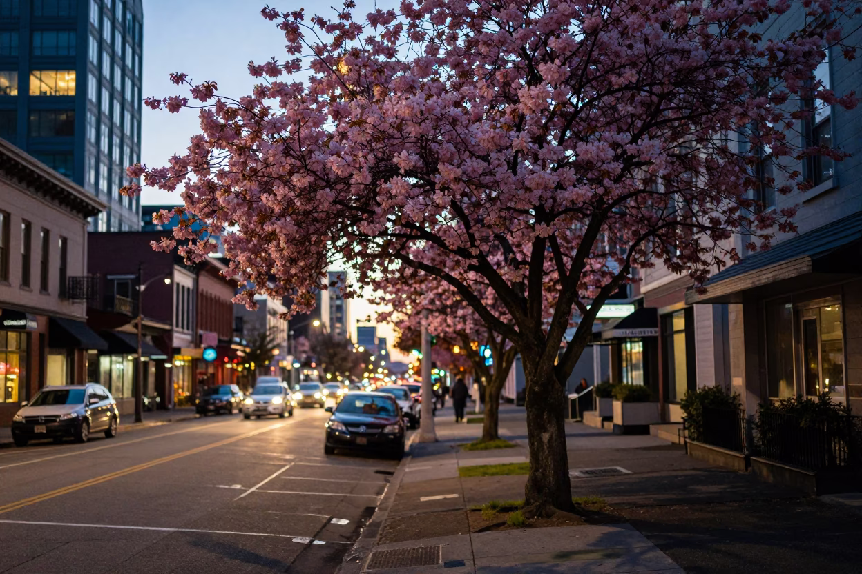 Portland Oregon Street Scene at Dusk with Dogwood Tree and Vintage Car in in Portland, Oregon, United States