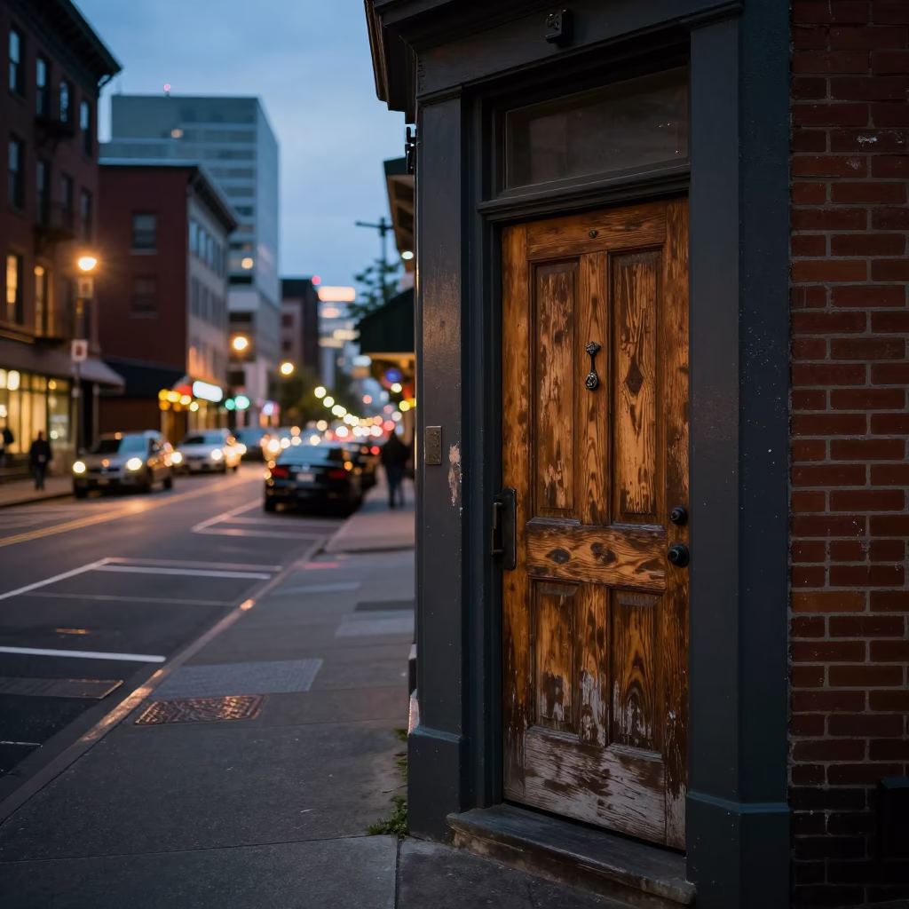 Portland Oregon Street Scene at Dusk with Latch Detail on Vintage Door in in Portland, Oregon, United States