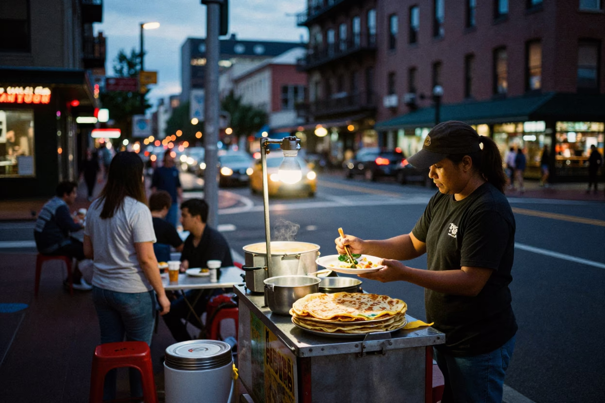 Portland Oregon Street Scene at Dusk with Local Dining and Urban Details in in Portland, Oregon, United States