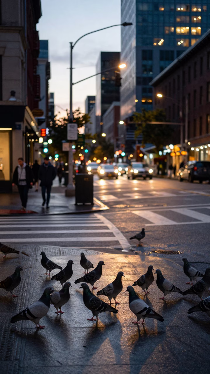 Portland Oregon Street Scene at Dusk with Pigeons and City Lights in in Portland, Oregon, United States