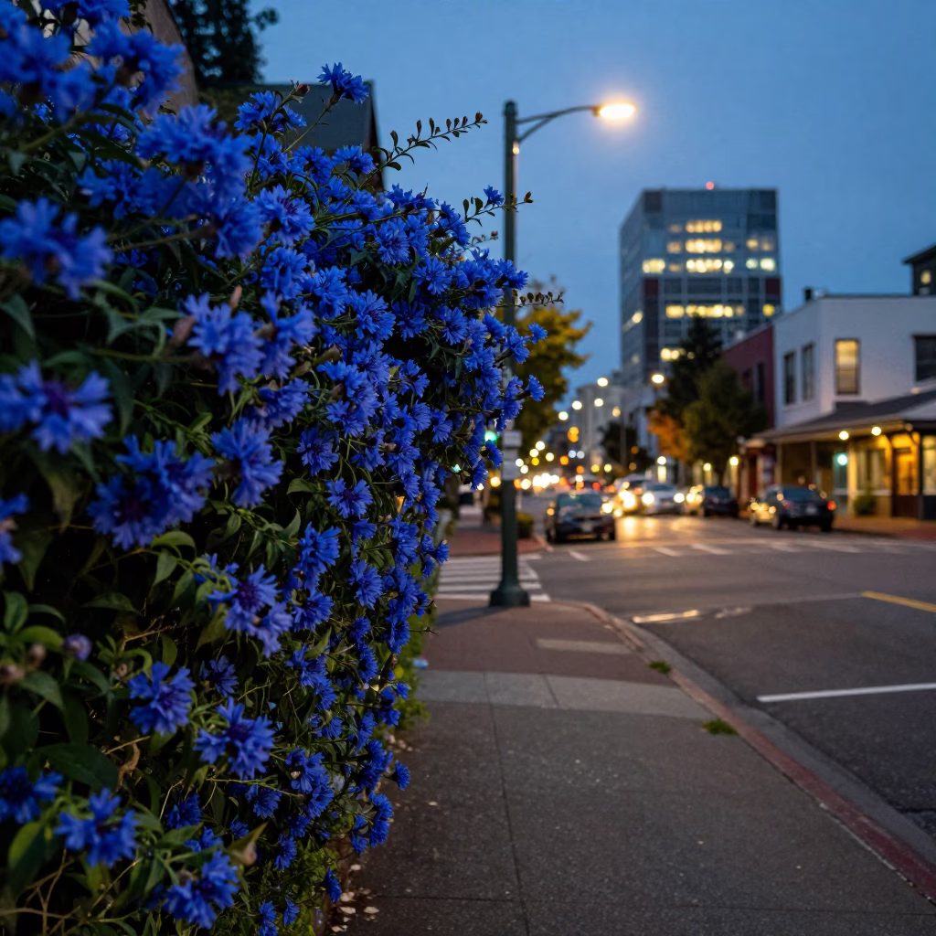 Portland Oregon Street Scene at Dusk with Plumbago Hedge and Vintage Car in in Portland, Oregon, United States