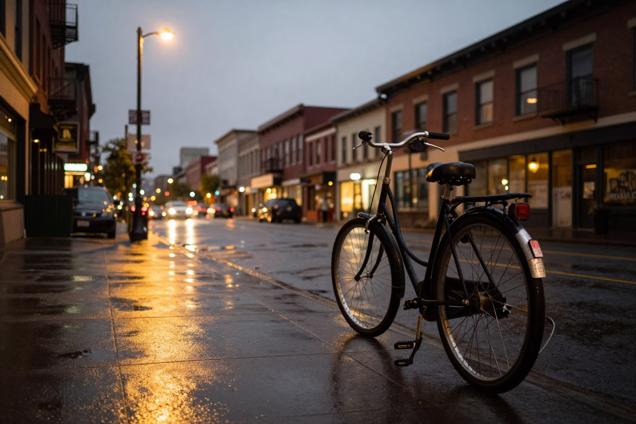 Portland Oregon Street Scene at Dusk with Vintage Bicycle and City Lights in in Portland, Oregon, United States