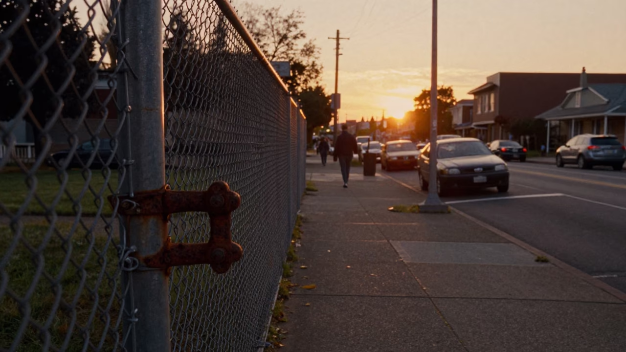 Portland Oregon Street Scene at Sunset with Turnbuckle and Morning Glory Fence in in Portland, Oregon, United States