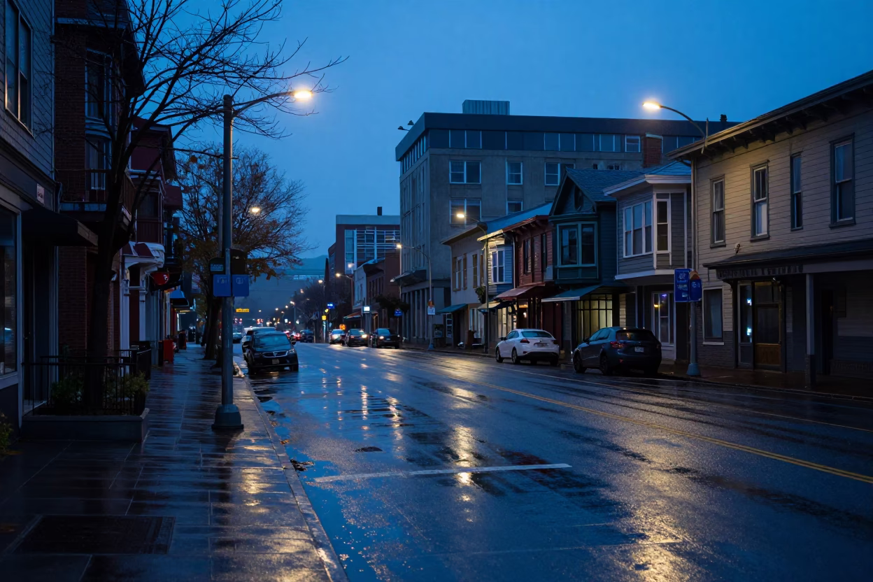 Portland Oregon Street Scene Before Sunrise With Wet Pavement And Urban Details in in Portland, Oregon, United States