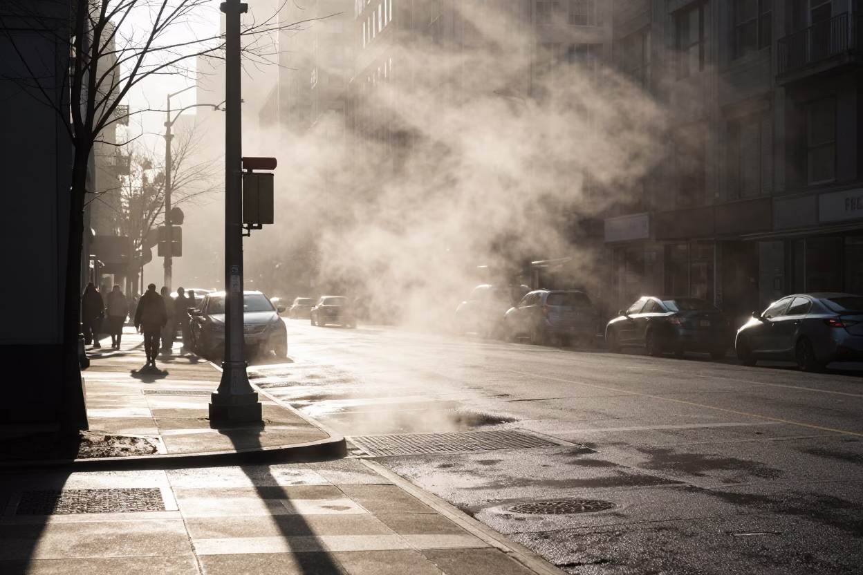 Portland Oregon Street Scene First Light Steam Haze and Urban Details in in Portland, Oregon, United States